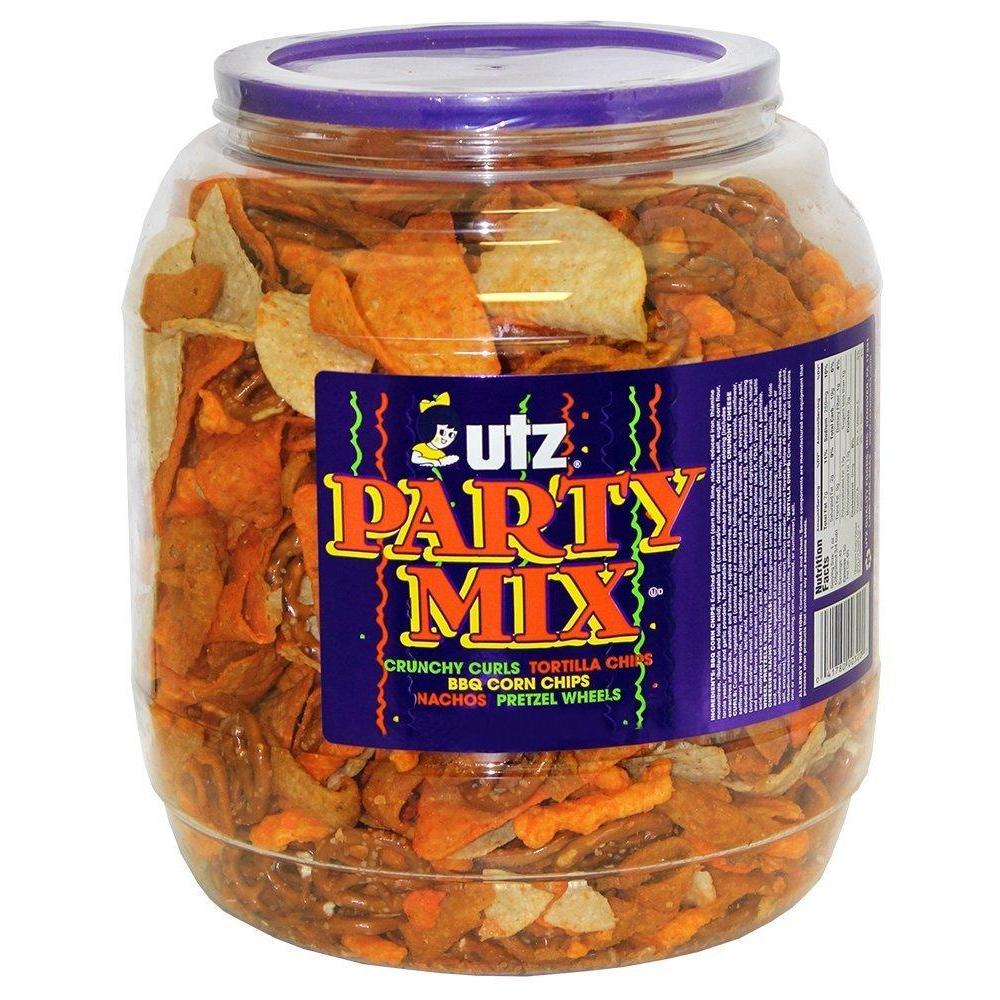 image:imageUtz Party Mix  26 Ounce Barrel  Tasty Snack Mix Includes CornNacho Tortillas Pretzels BBQ Corn Chips and Cheese Curls Easy and Quick Party Snacks Cholesterol Free and TransFat Free43 Ounce Pack of 1