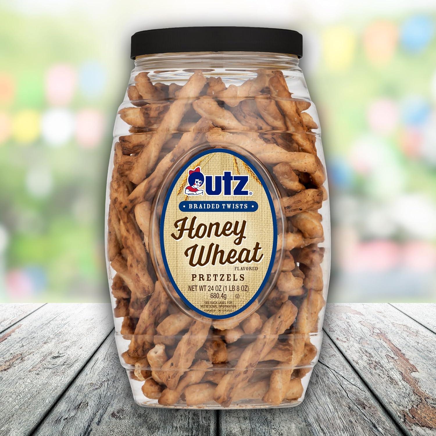 image:imageUtz Braided Honey Wheat Pretzel Twists 24 oz Barrel 2 Count Sweet Honey Taste Thick Crunchy Pretzel Twists Perfect for Dipping and Snacks Zero Cholesterol Snack Food Brown