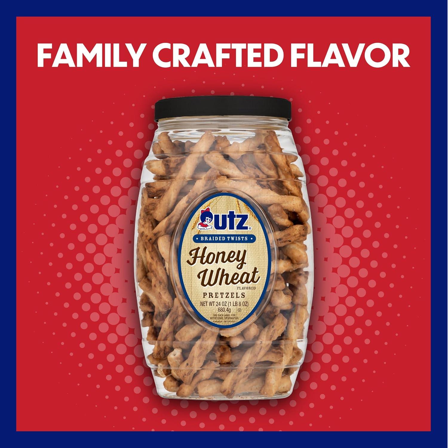image:imageUtz Braided Honey Wheat Pretzel Twists 24 oz Barrel 2 Count Sweet Honey Taste Thick Crunchy Pretzel Twists Perfect for Dipping and Snacks Zero Cholesterol Snack Food Brown