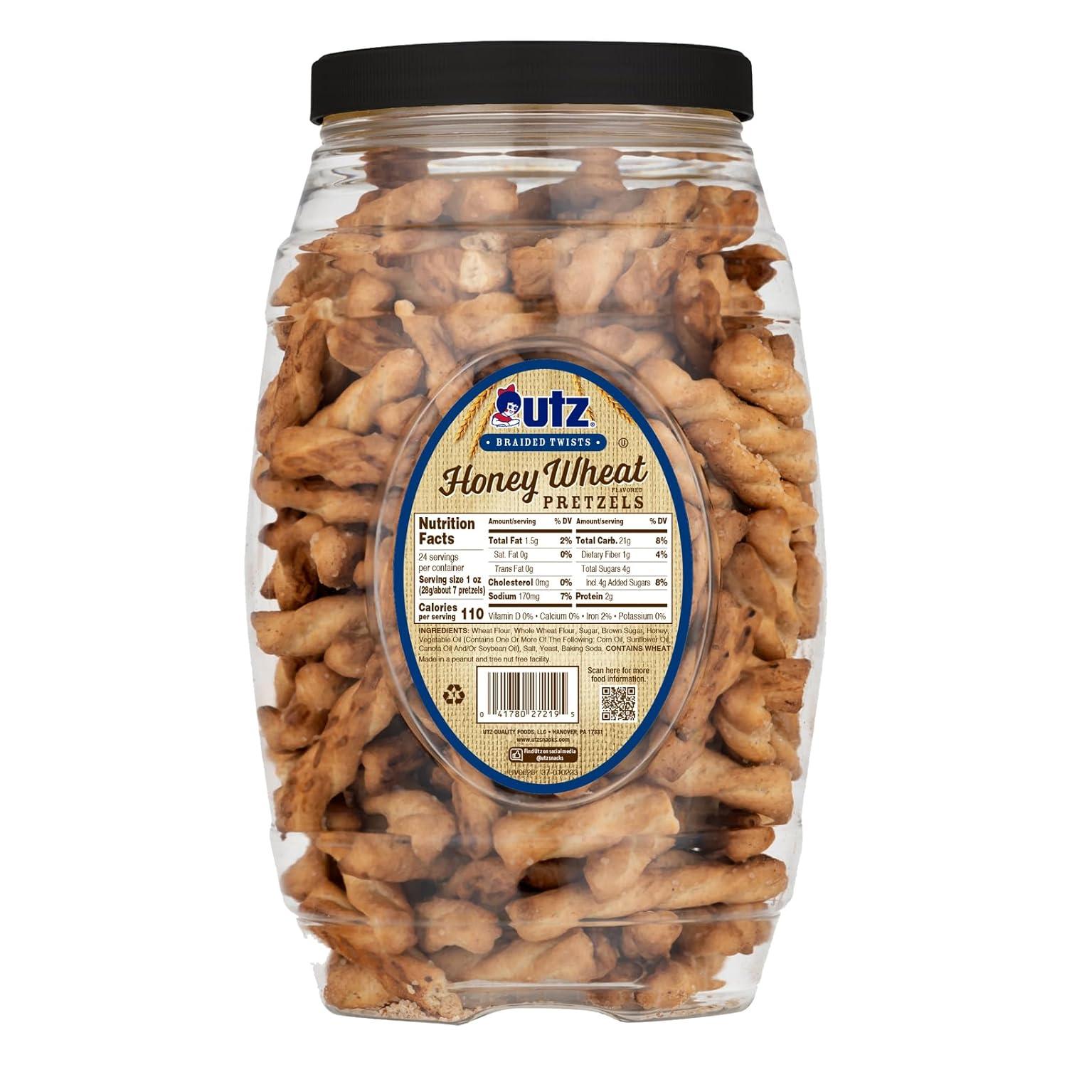 image:imageUtz Braided Honey Wheat Pretzel Twists 24 oz Barrel 2 Count Sweet Honey Taste Thick Crunchy Pretzel Twists Perfect for Dipping and Snacks Zero Cholesterol Snack Food Brown