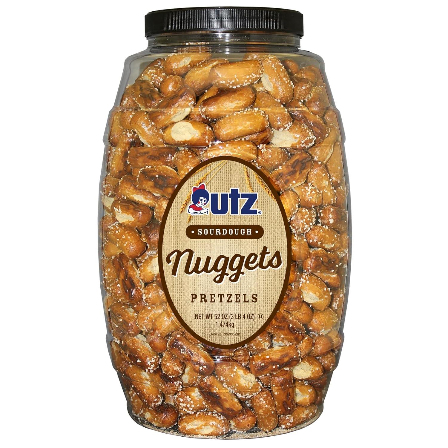 image:imageUtz Old Fashioned Sourdough Hard Pretzels 26 oz Barrel 2 Count Big and Thick Classic Pretzel Twists Crunchy Sourdough Pretzel with Zero Cholesterol BrownSourdough Nuggets