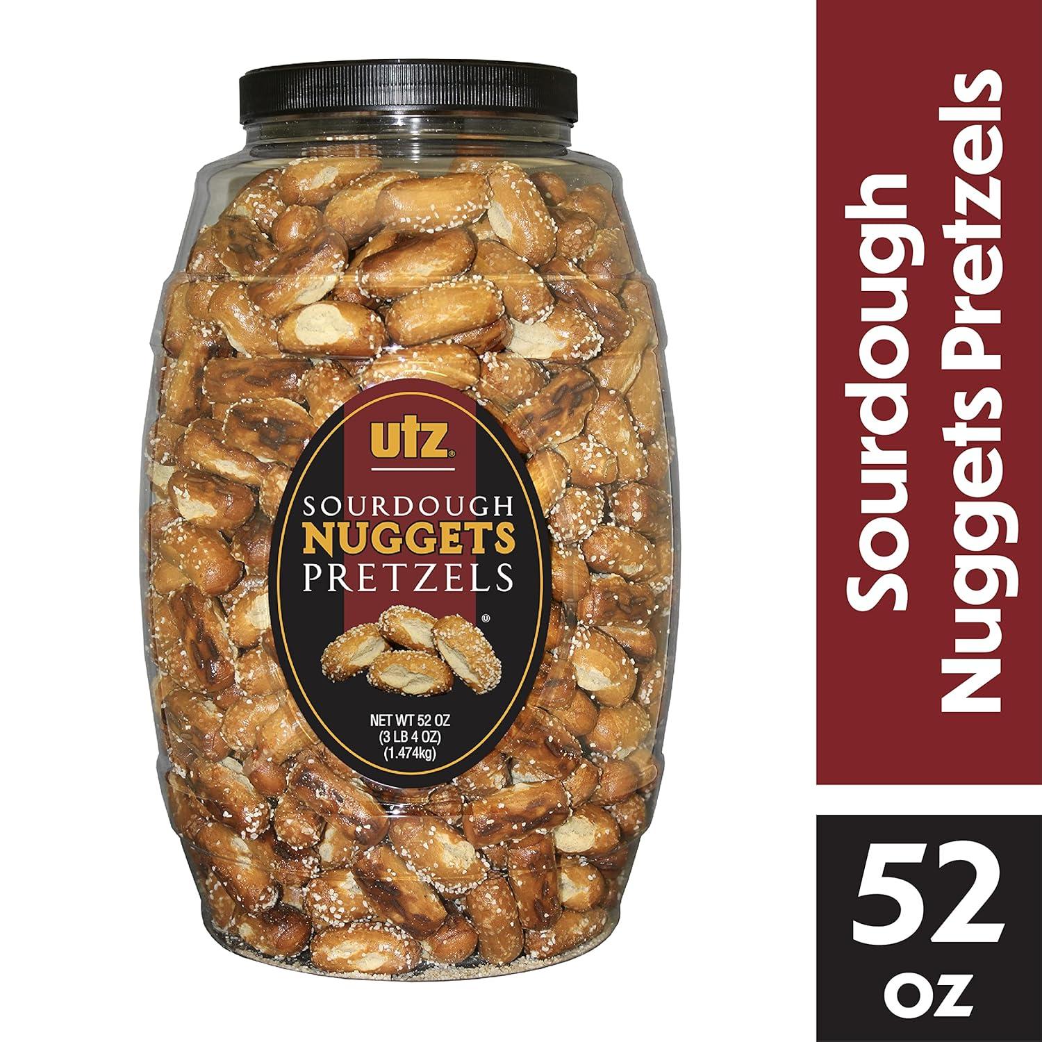 image:imageUtz Old Fashioned Sourdough Hard Pretzels 26 oz Barrel 2 Count Big and Thick Classic Pretzel Twists Crunchy Sourdough Pretzel with Zero Cholesterol BrownSourdough Nuggets