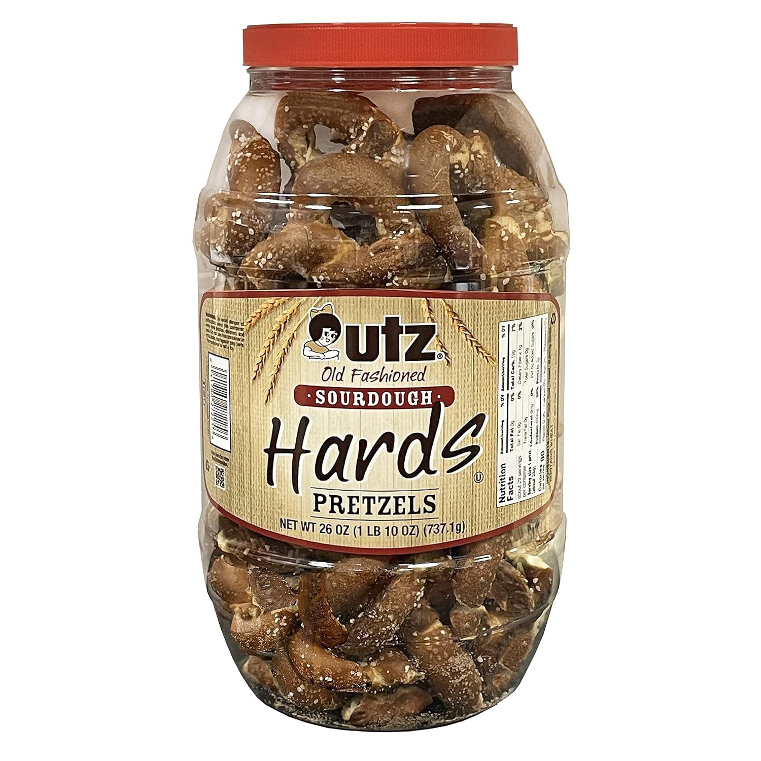 image:imageUtz Old Fashioned Sourdough Hard Pretzels 26 oz Barrel 2 Count Big and Thick Classic Pretzel Twists Crunchy Sourdough Pretzel with Zero Cholesterol BrownSourdough Hards