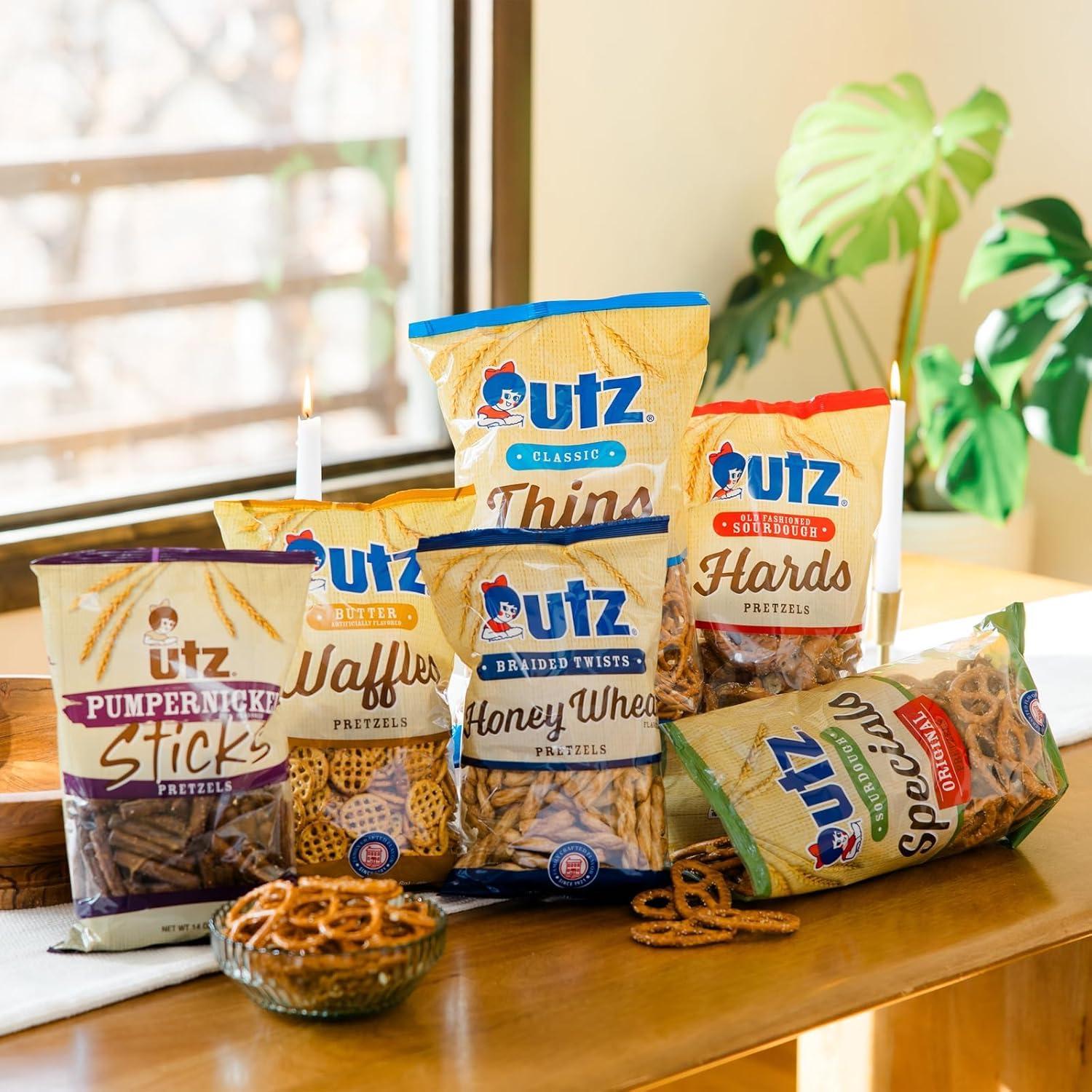 image:imageUtz Old Fashioned Sourdough Hard Pretzels 26 oz Barrel 2 Count Big and Thick Classic Pretzel Twists Crunchy Sourdough Pretzel with Zero Cholesterol BrownSourdough Nuggets