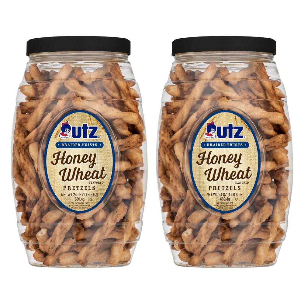 image:imageUtz Braided Honey Wheat Pretzel Twists 24 oz Barrel 2 Count Sweet Honey Taste Thick Crunchy Pretzel Twists Perfect for Dipping and Snacks Zero Cholesterol Snack Food Brown