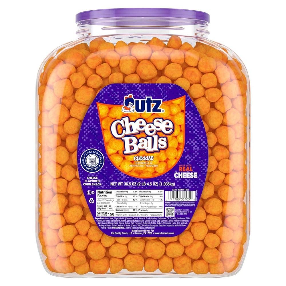 image:imageUtz Cheese Balls Barrel Tasty Snack Baked with Real Cheddar Cheese Delightfully Poppable Party Snack Gluten Cholesterol and TransFat Free Kosher Certified 365 Oz365 Ounce Pack of 1