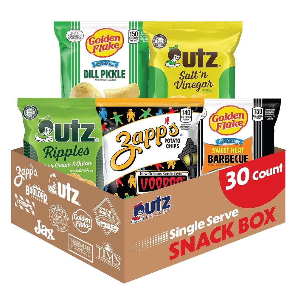 image:imageUtz Brands Big Flavor Box 30 Count Variety of Bold Tangy and Savory Chips Zapps Voodoo Ripples Sour Cream amp Onion Salt amp Vinegar Golden Flake Sweet Heat BBQ and Dill Pickle Chips