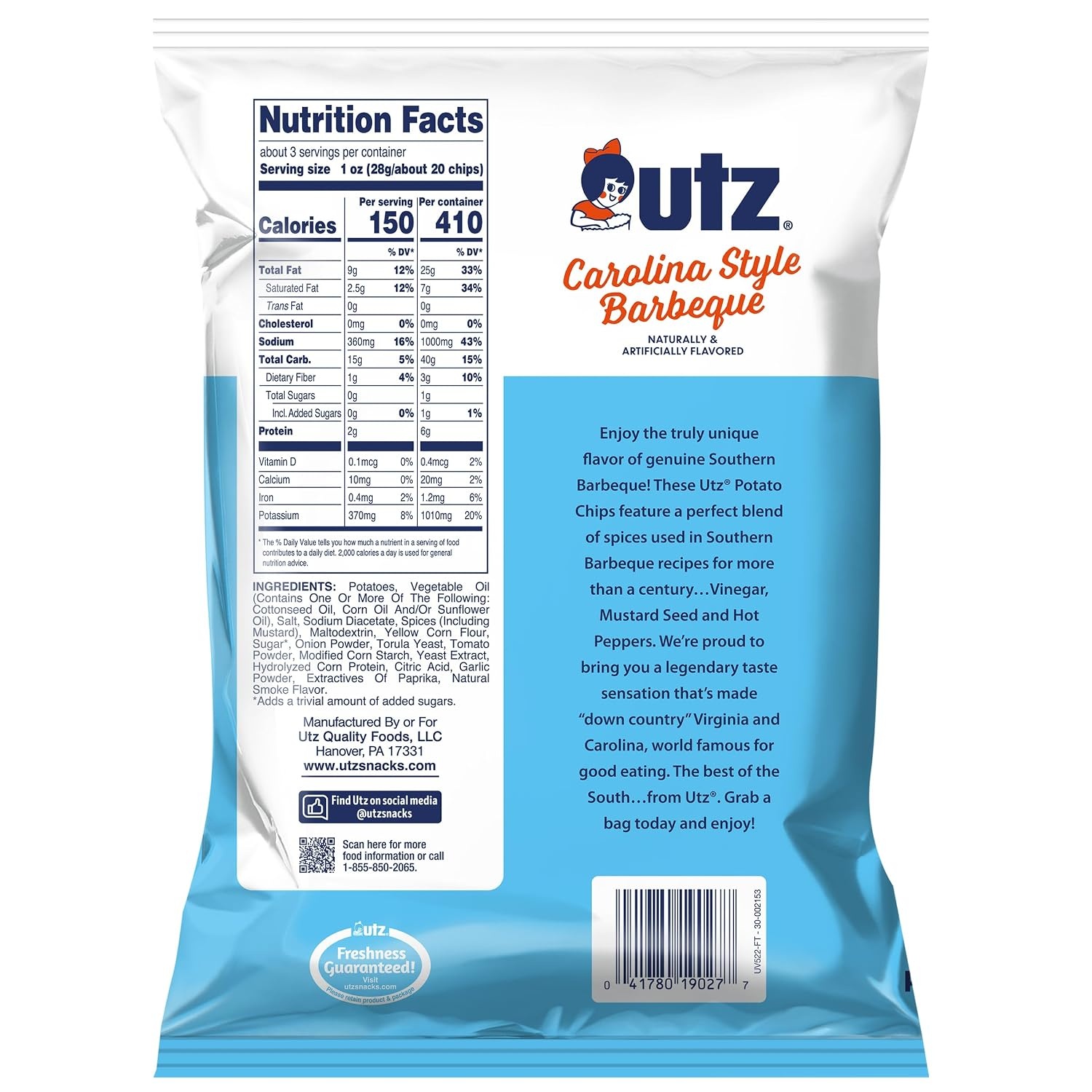 image:imageUtz Carolina Barbeque Potato Chips 275 oz Bags 14 Count Tangy Bold Southern BBQ Flavor with Signature Crunch Snack Pack for Lunches Road Trips and Parties