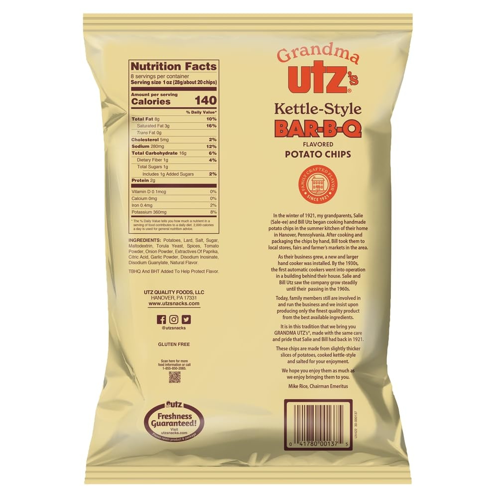image:imageUtz Grandma Utz KettleStyle Potato Chips Original 8oz Bags 10 Count Case Pack OldFashioned Potato Chips Cooked in Lard for Classic Flavor amp CrunchBarbecue