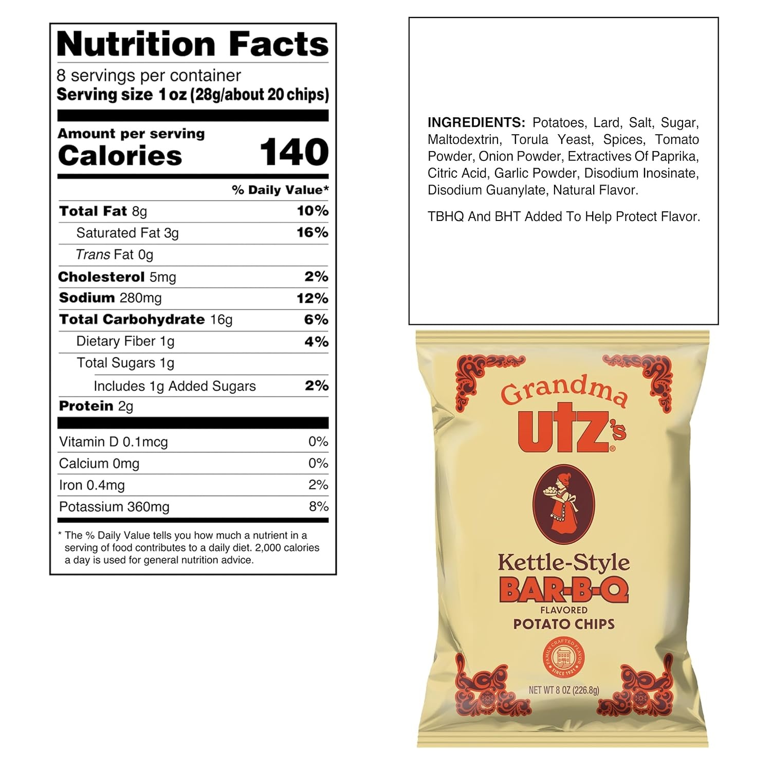 image:imageUtz Grandma Utz KettleStyle Potato Chips Original 8oz Bags 10 Count Case Pack OldFashioned Potato Chips Cooked in Lard for Classic Flavor amp CrunchBarbecue