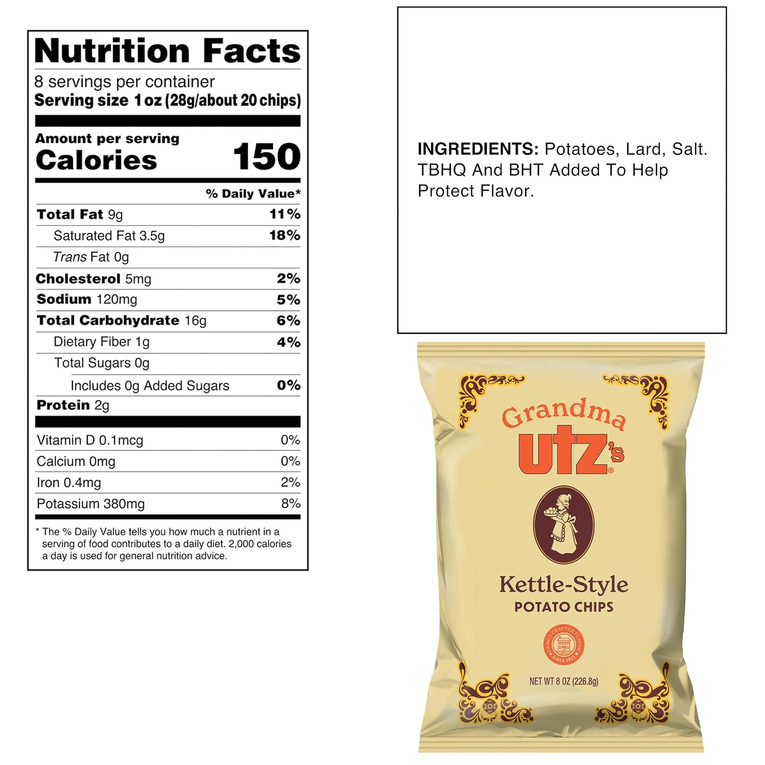 image:imageUtz Grandma Utz KettleStyle Potato Chips Original 8oz Bags 10 Count Case Pack OldFashioned Potato Chips Cooked in Lard for Classic Flavor amp CrunchClassic