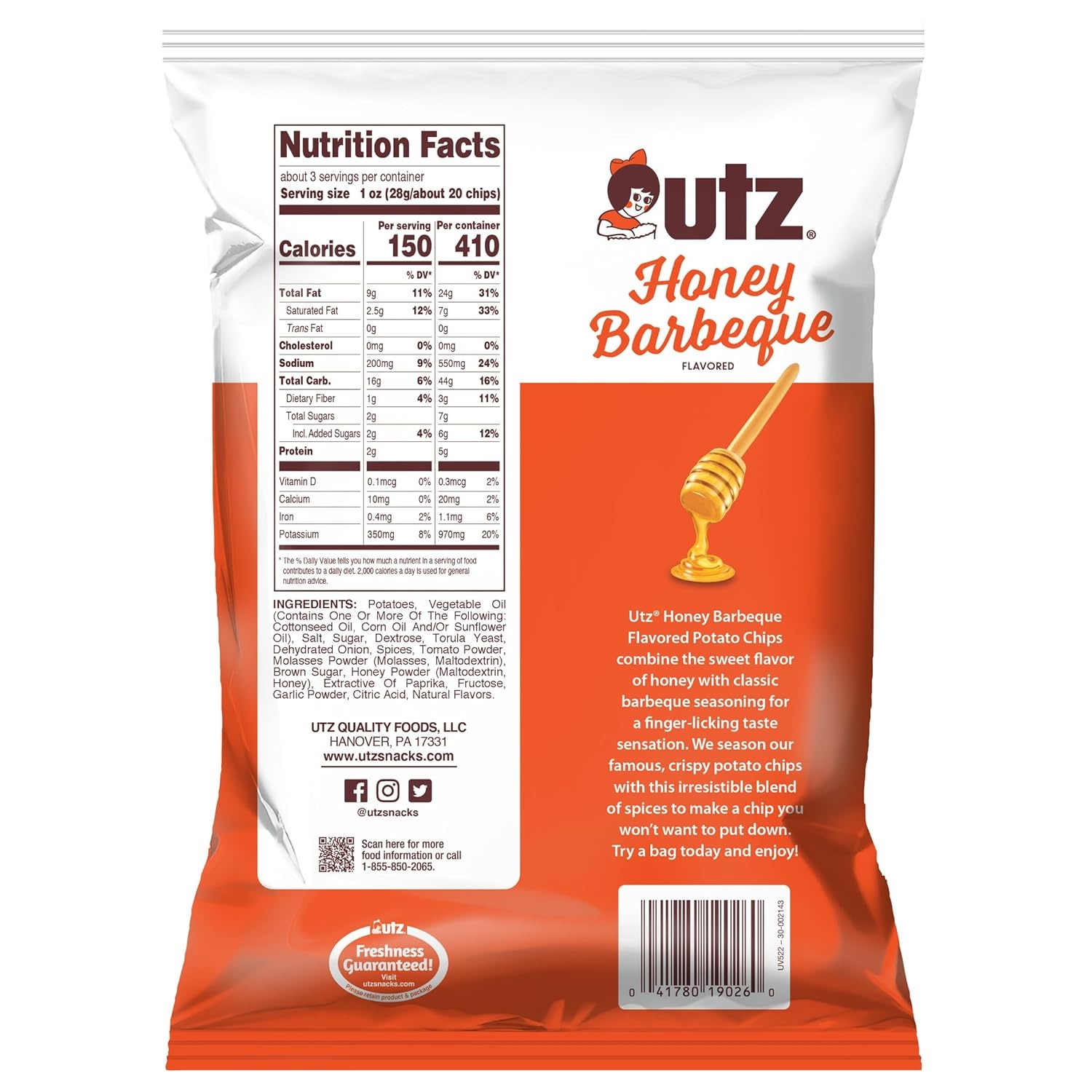 image:imageUtz Honey BBQ Potato Chips 275 oz Bags 14 Count Sweet and Smoky Flavor with Signature Crunch Snack Pack for Lunches Parties and Road Trips