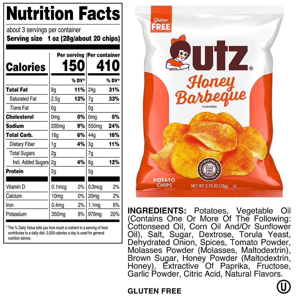 image:imageUtz Honey BBQ Potato Chips 275 oz Bags 14 Count Sweet and Smoky Flavor with Signature Crunch Snack Pack for Lunches Parties and Road Trips