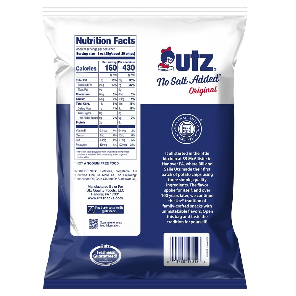 image:imageUtz No Salt Added Potato Chips 275 oz Bags 14 Count Classic Crunch with Simple Fresh Potato Flavor Snack Pack for Lunches Road Trips and Everyday Snacking