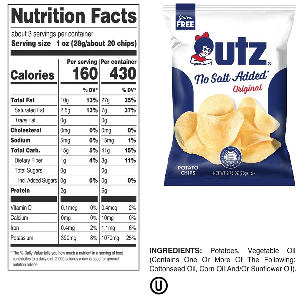 image:imageUtz No Salt Added Potato Chips 275 oz Bags 14 Count Classic Crunch with Simple Fresh Potato Flavor Snack Pack for Lunches Road Trips and Everyday Snacking