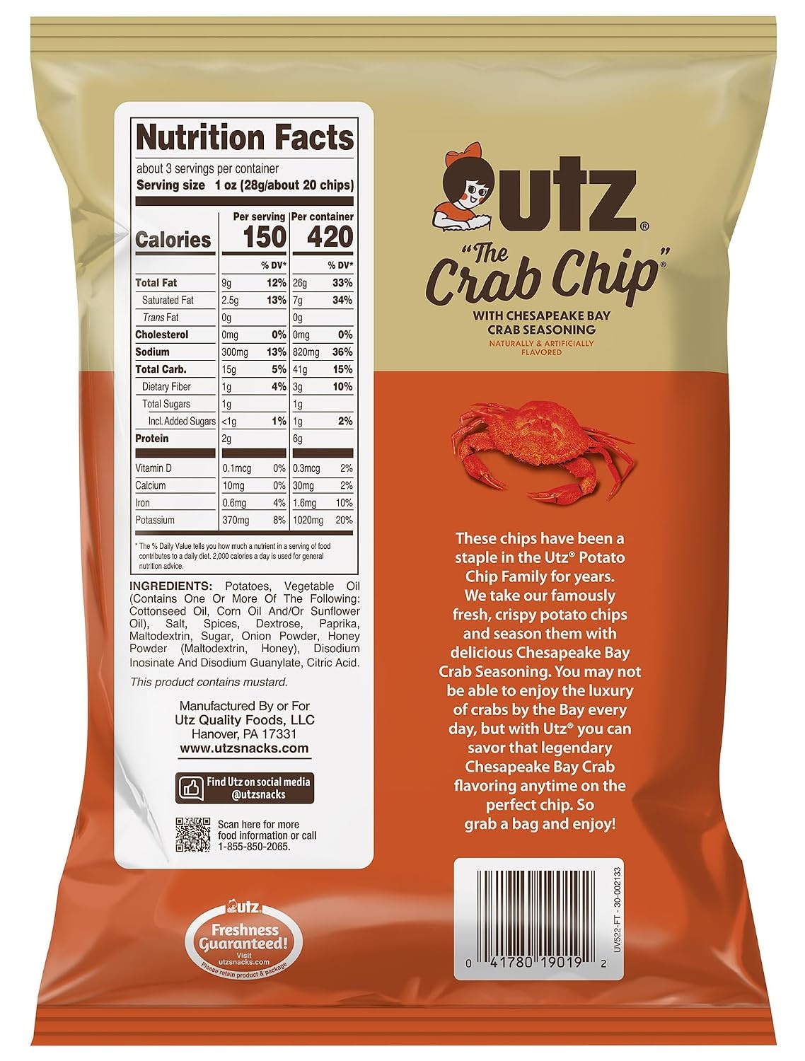 image:imageUtz The Crab Chip Potato Chips 275 oz Bags 14 Count Chesapeake BayInspired Seasoning with Signature Crunch Snack Pack for Lunches Parties and Everyday Snacking