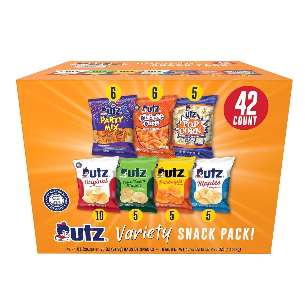 image:imageUtz Snack Variety Pack Individual Snacks Includes Potato Chips Cheese Curls Popcorn and Party Mix Crunchy Travel Snacks for Lunches Vending Machines and Enjoying on the Go Pack of 42